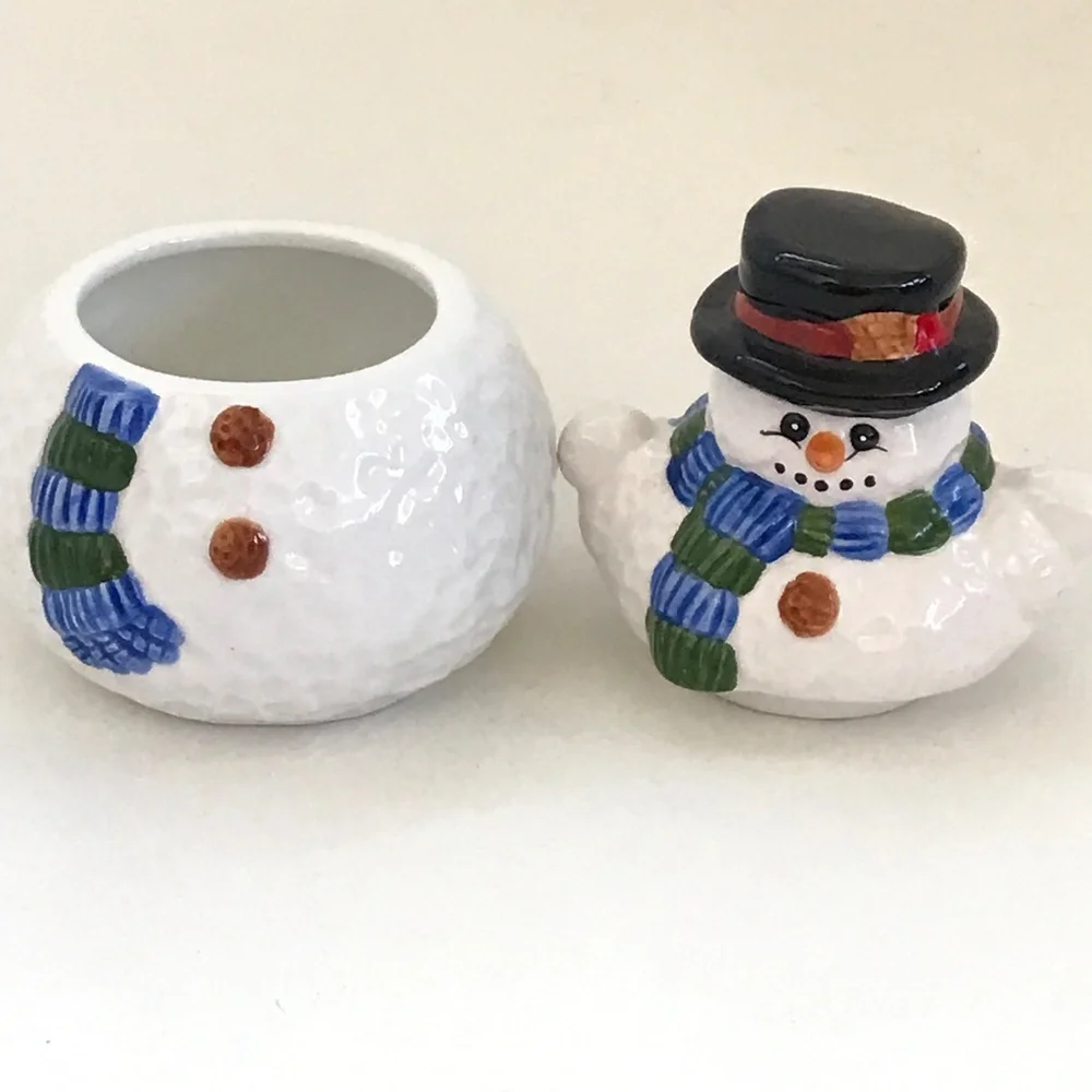 4 Piece Set Sugar Creamer Salt Pepper Holiday Winter Snowman Ceramic